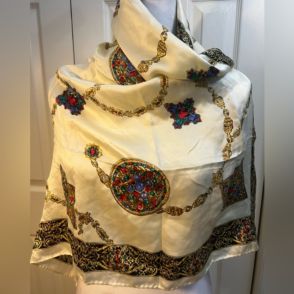 Museum of Fine Arts Boston Jeweled Scrollwork 100% Silk Scarf 34” Square